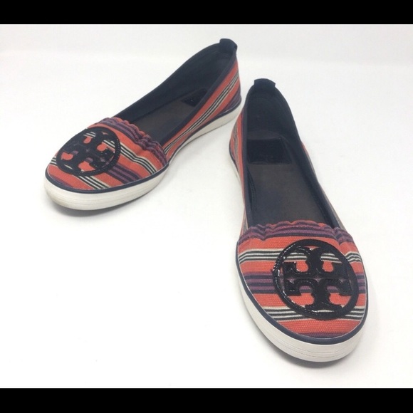 Tory Burch Reva Stripe Slip On Canvas Sneaker 10 - Picture 1 of 5